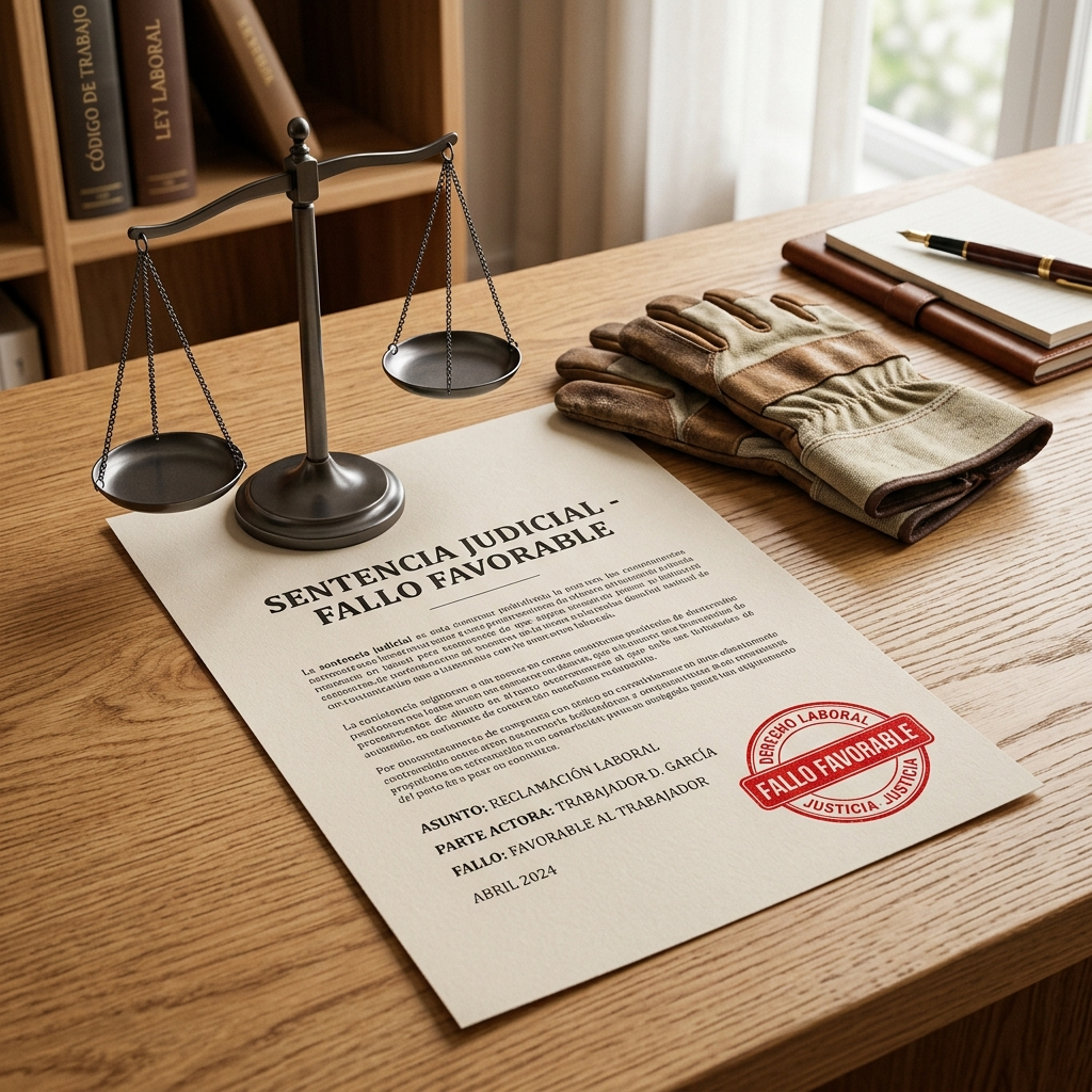 Una composición sobre un escritorio de madera que muestra un documento legal con un sello rojo de "Fallo Favorable", una balanza de la justicia de bronce y unos guantes de trabajo, representando la victoria en un juicio laboral.